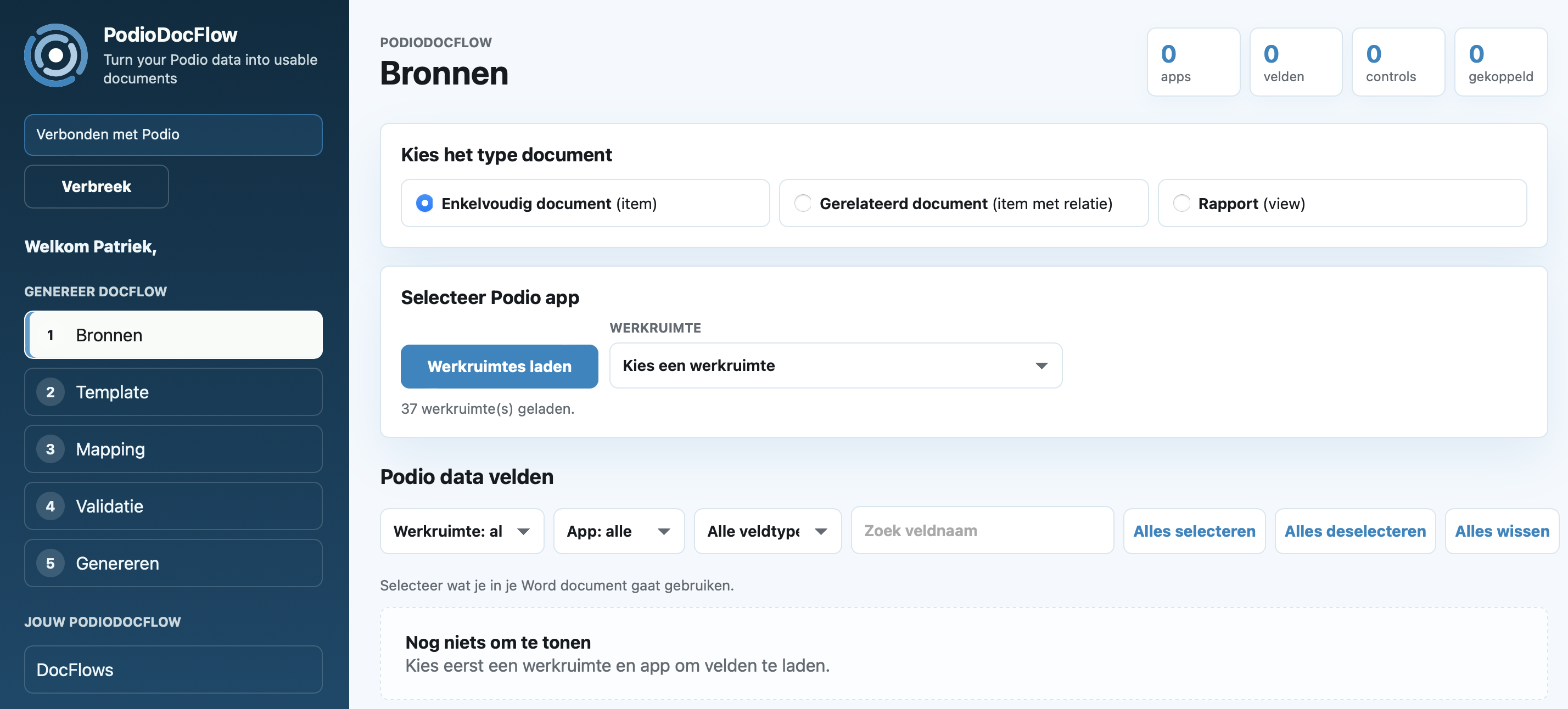 PodioDocFlow Sources screen with Podio workspace selection and document type choice