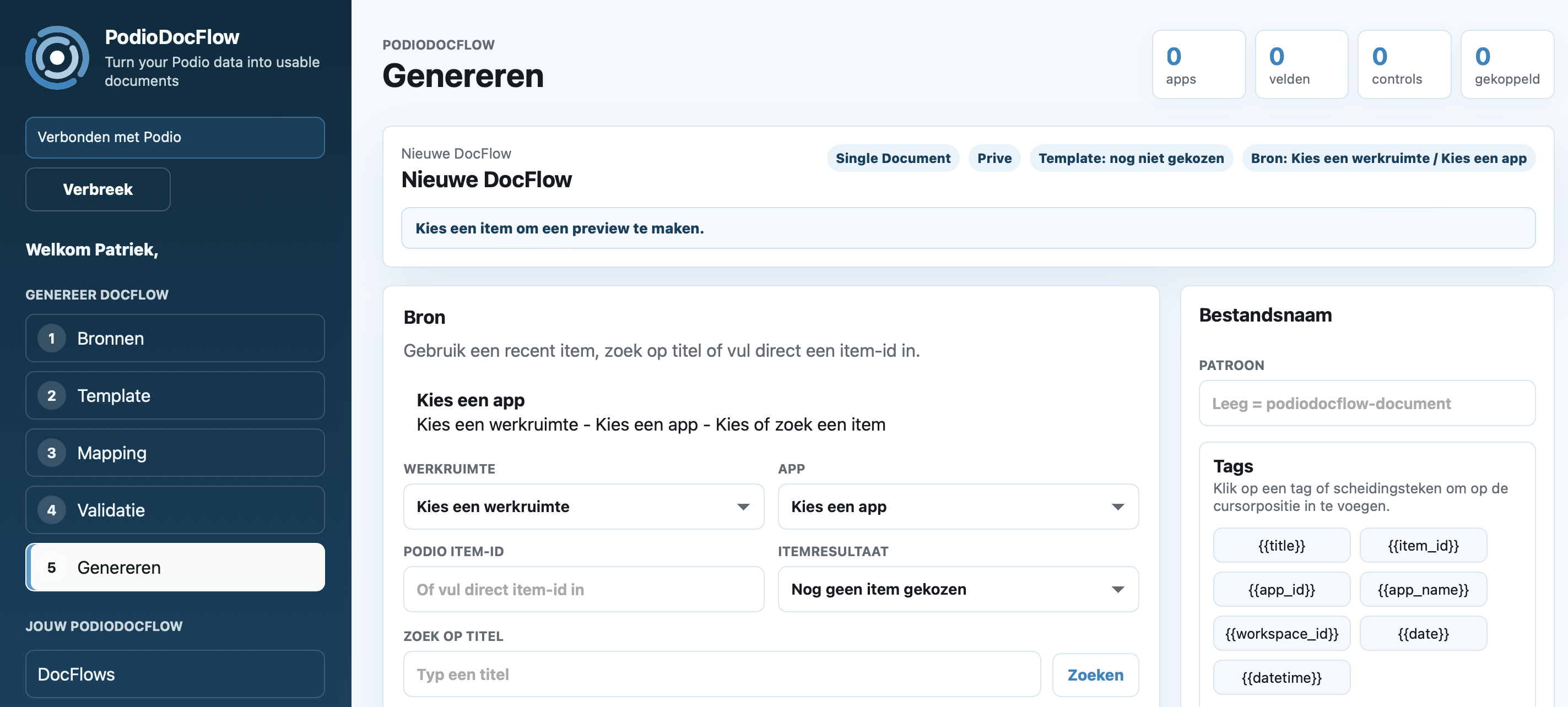 Generate screen in PodioDocFlow